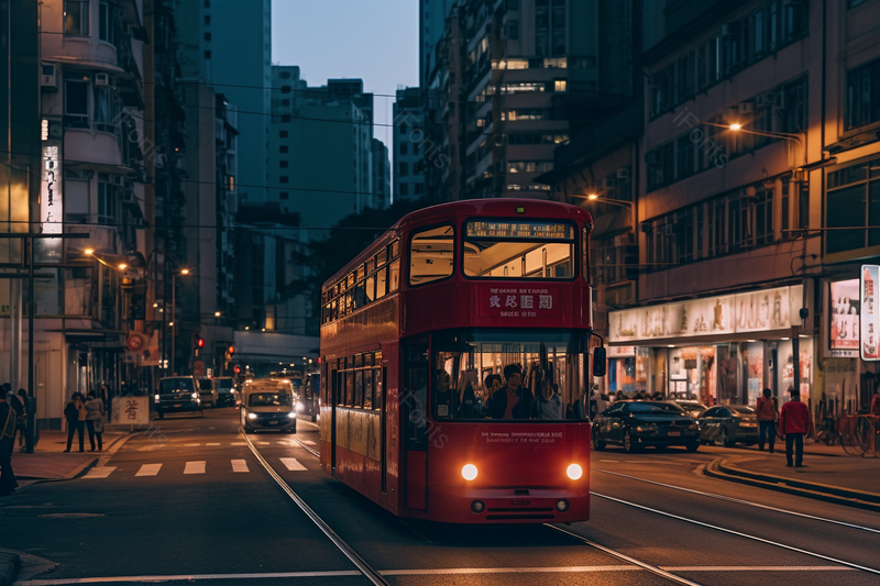 午夜香港街头的叮叮车巴士街拍图,高清,摄影图,摄影图片,图片大全,摄影图免费下载